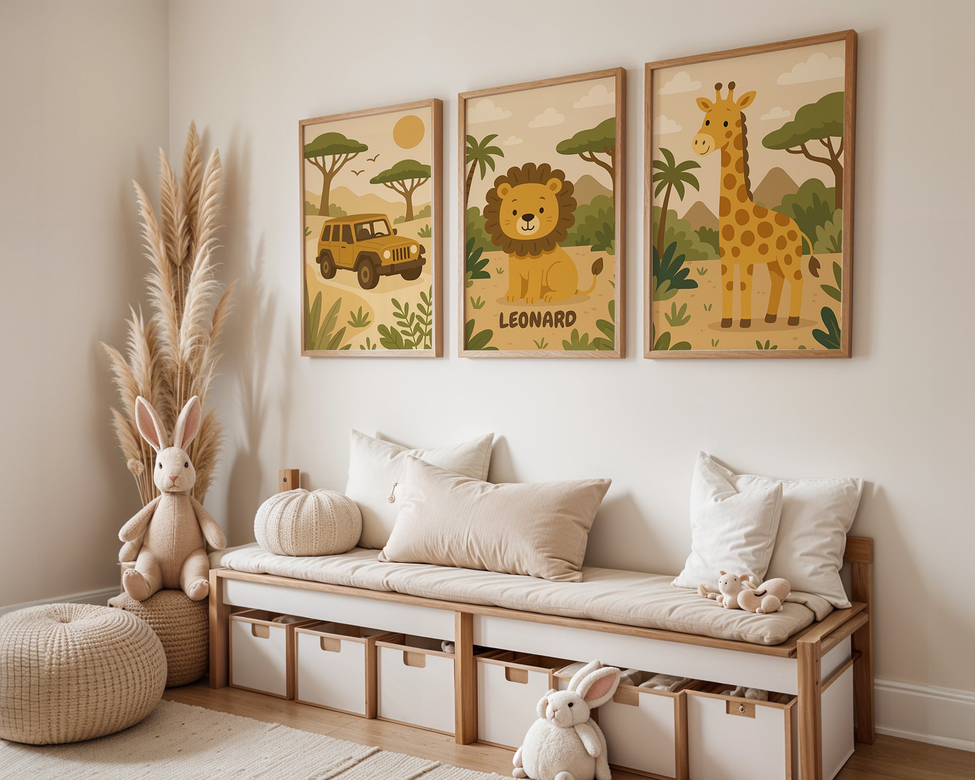 Safari Poster Personalisiert mit Namen für Kinderzimmer, Bilder Löwe, Giraffe, Geländewagen, Hakuna Matata - Einzeln oder als SET