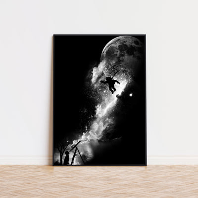 Falling Sky Poster Junge guckt zum Mond und Himmel Bild Wohnzimmer Poster Weltraum Astronomie Wandkunst Wanddeko Wanddekoration Giclee Druck