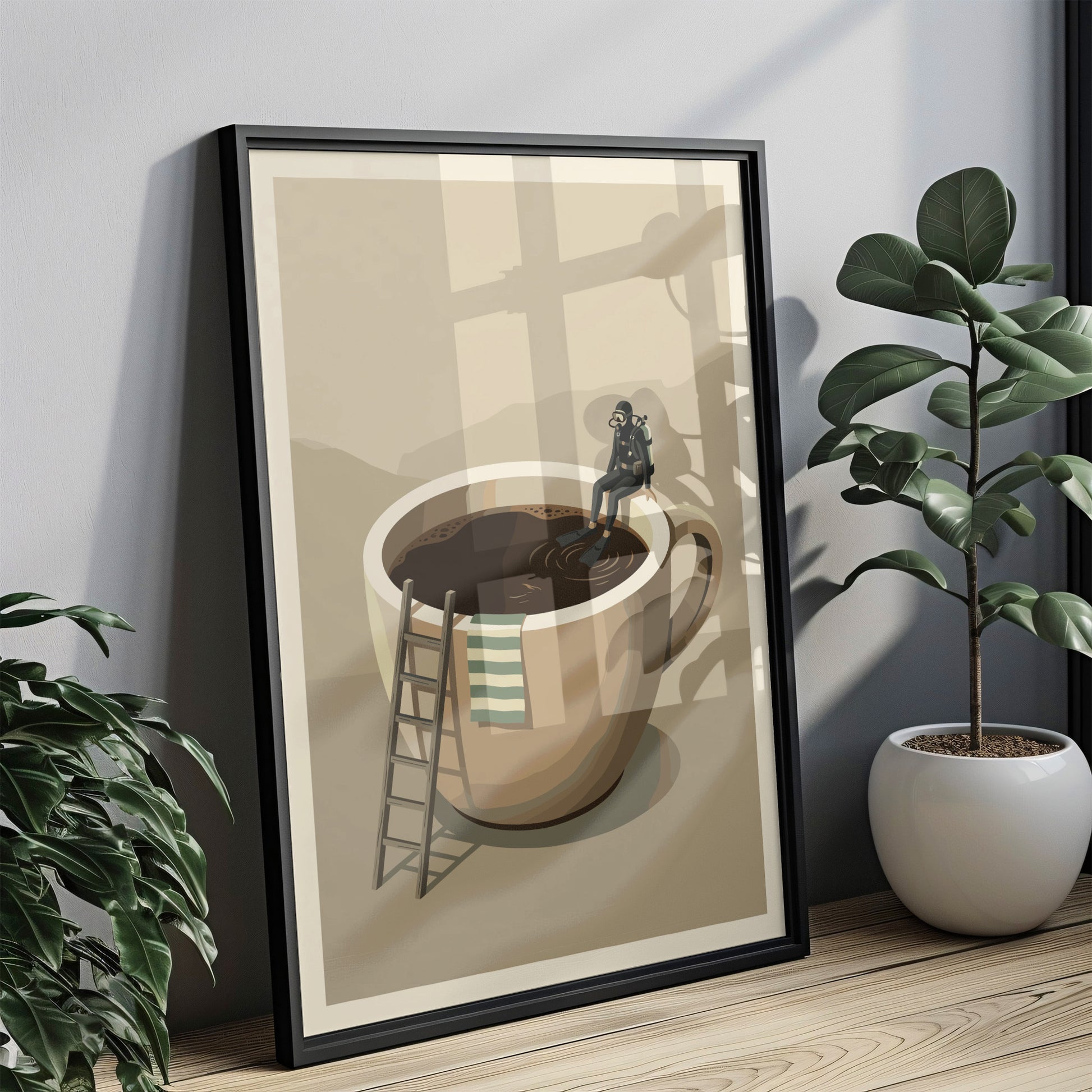 Taucher sitzt auf Kaffeetasse - Mid-Century Küchen Kaffee Poster Beige Minimalistisch
