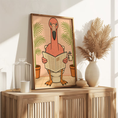 Flamingo liest Zeitung auf der Toilette - Badezimmer Poster Kunstdruck - Gäste WC Deko - Geschenk Einweihungsparty Hausbau Badezimmer Print