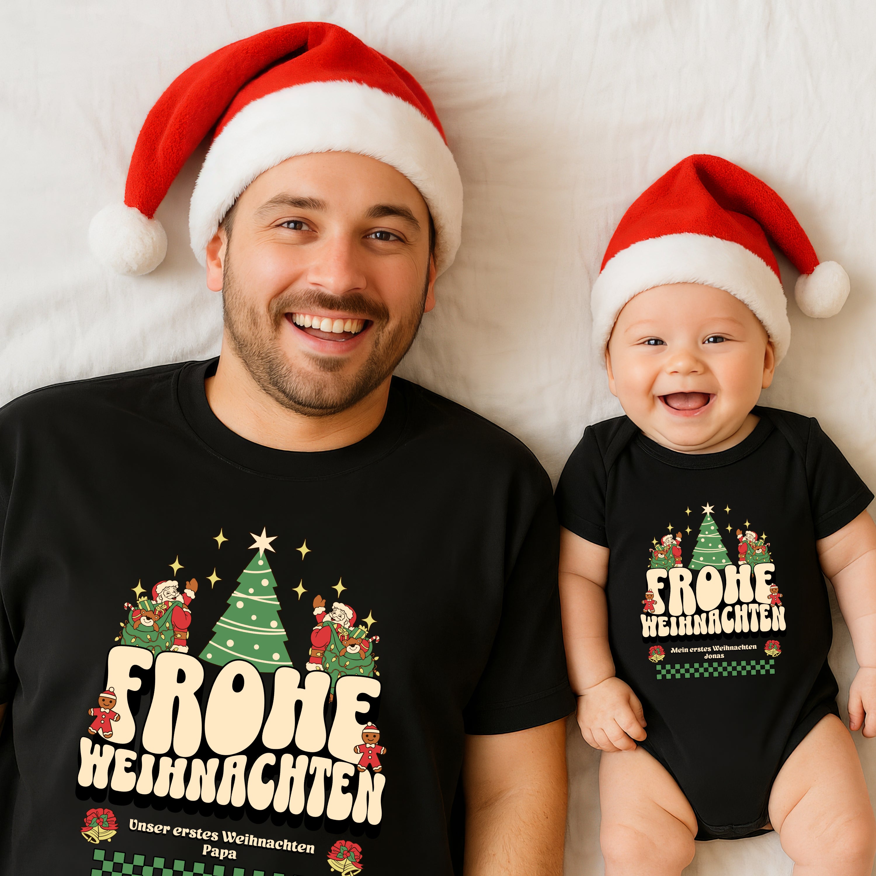 Familie im Partnerlook - Unser erstes Weihnachten Shirts Familienoutfit Festlich - Papa Babybody personalisiert T-Shirts Mama Tochter Outfit
