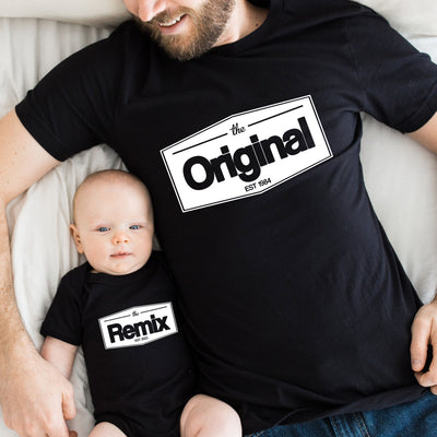 The Original The Remix Shirts Vater Sohn Partnerlook Mama Tochter Outfit Set Babybody bedruckt personalisiert Geschenk zur Geburt für Eltern