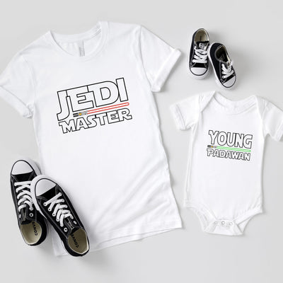 Vater Sohn Partnerlook Jedi Master Young Padawan Shirts Mutter Tochter Outfit Vater Baby Geschenk Babybody bedruckt Vatertagsgeschenk Galaxy