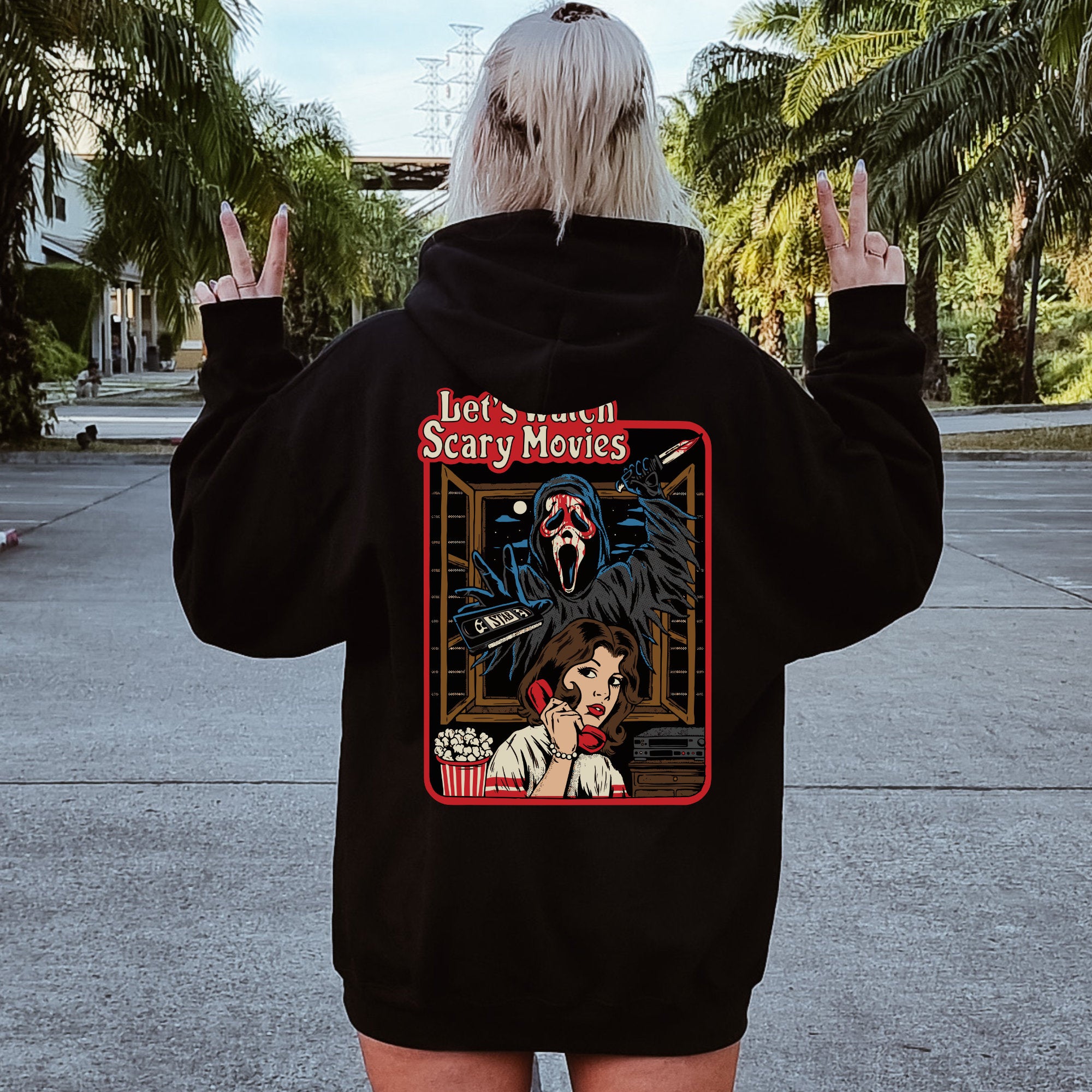 Lets Watch Scary Movies Hoodie Halloween Pullover Scream Horror Vintage Unisex Hoodies Parodie Fun Satire