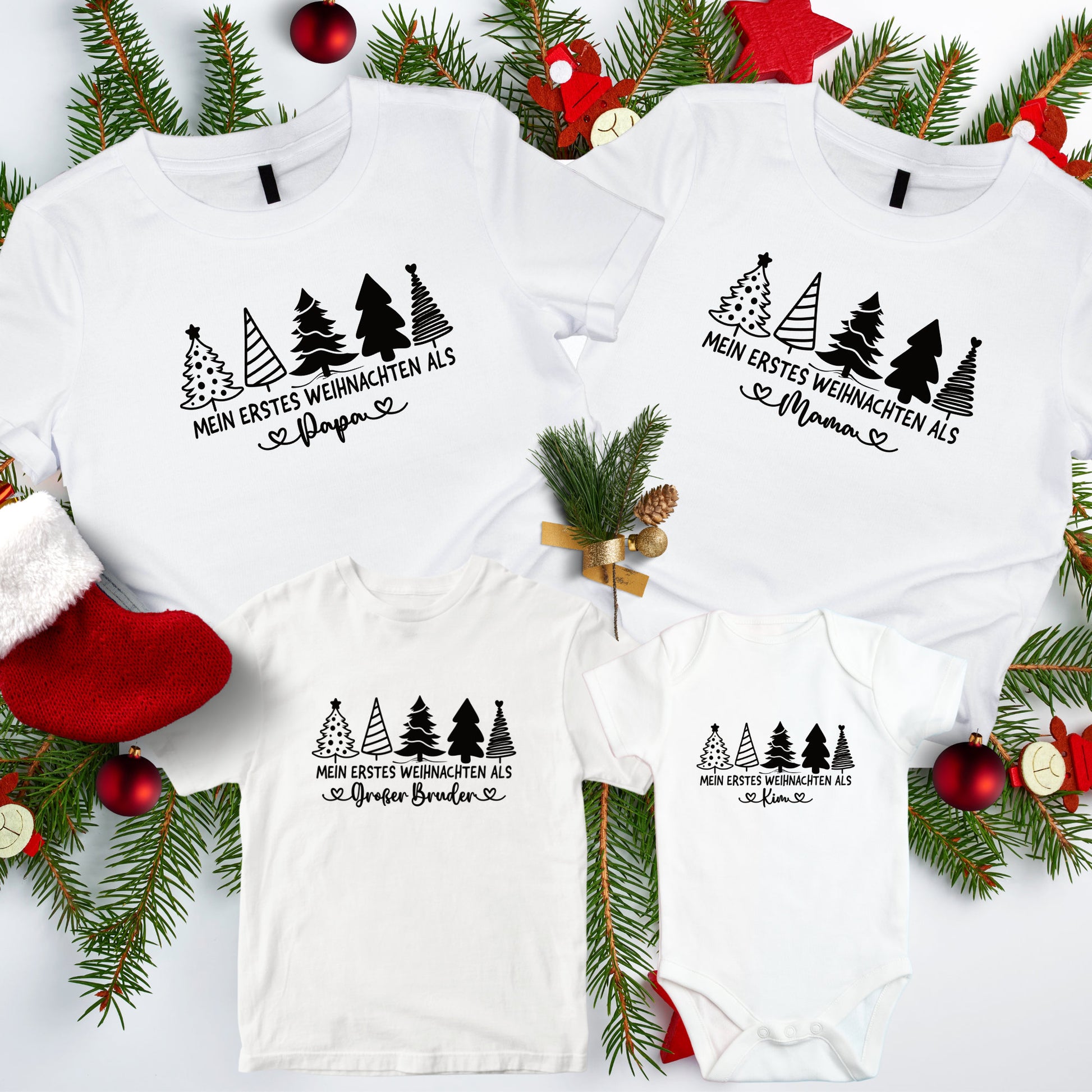 Familienoutfit Weihnachten Unser erstes Weihnachten Mama Papa Mini Shirts Tannenbäume Babybody bedruckt Weihnachtsoutfit Familie