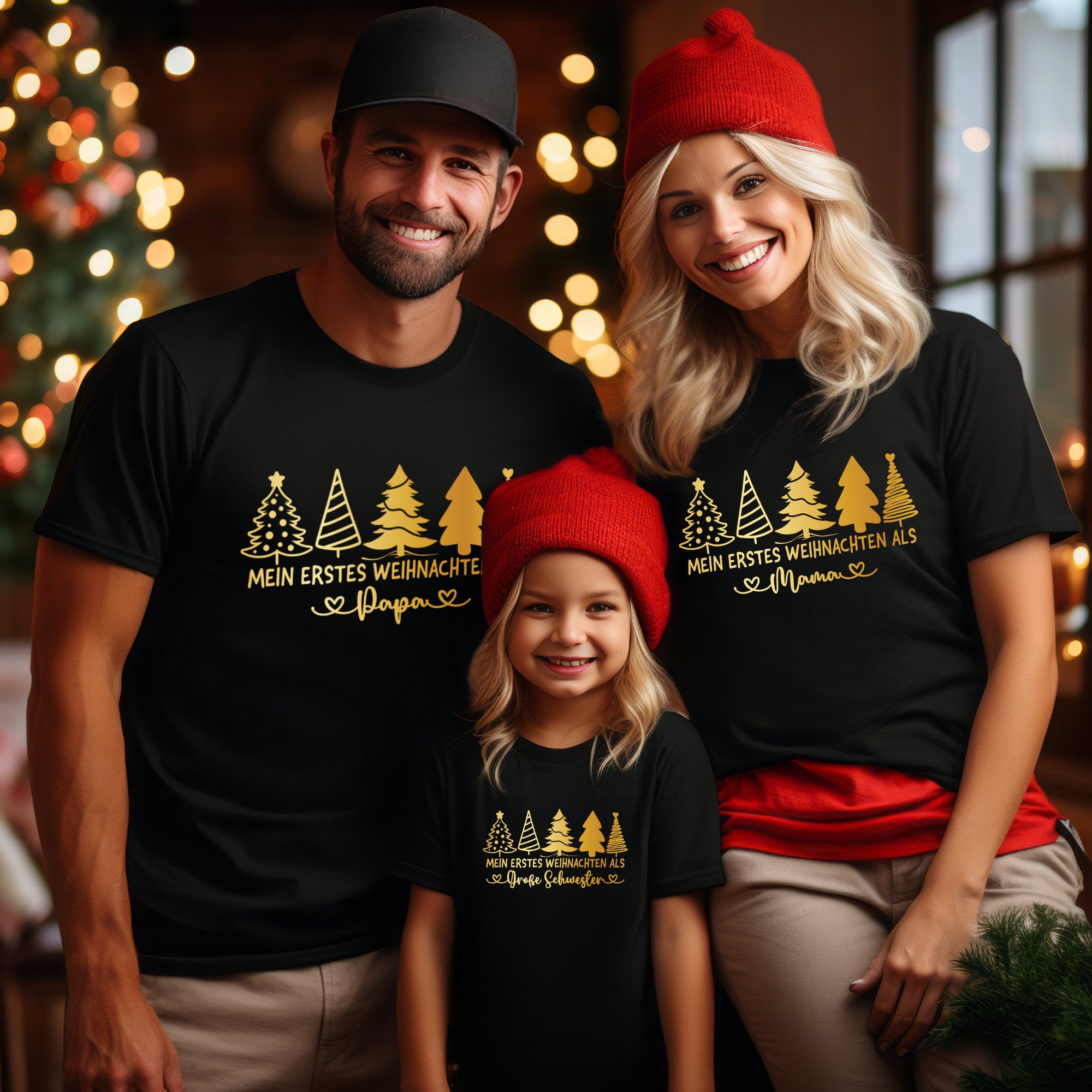 Familienoutfit Weihnachten Unser erstes Weihnachten Mama Papa Mini Shirts Tannenbäume Babybody bedruckt Weihnachtsoutfit Familie