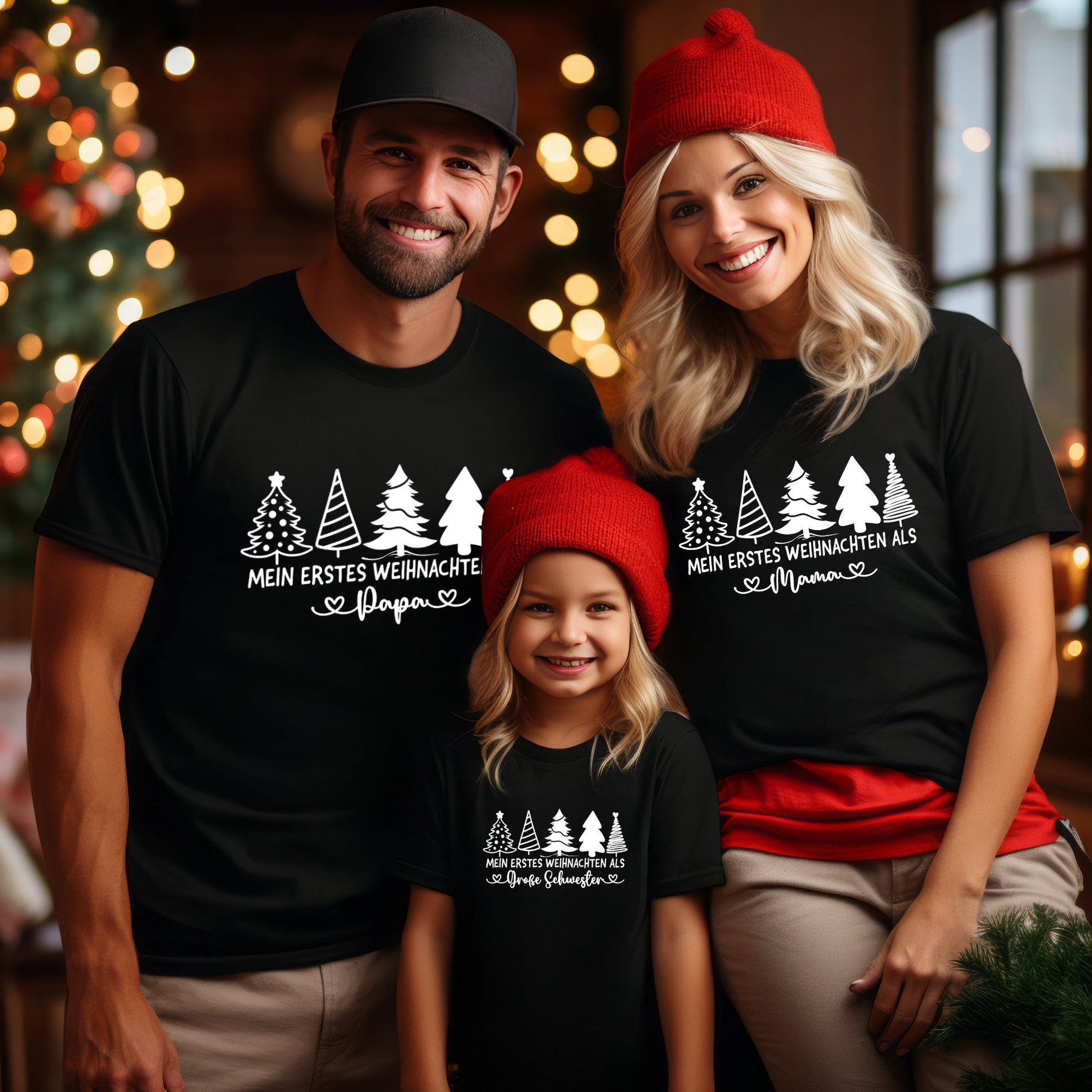 Familienoutfit Weihnachten Unser erstes Weihnachten Mama Papa Mini Shirts Tannenbäume Babybody bedruckt Weihnachtsoutfit Familie