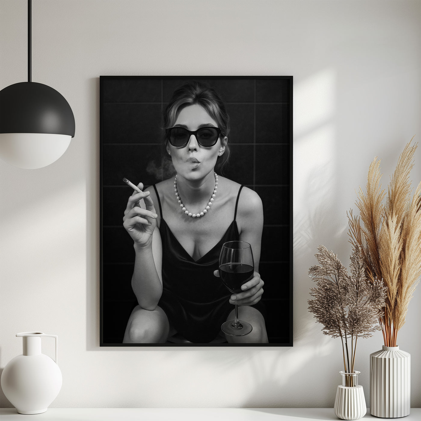 Lady Poster Vintage Print - Frau auf Toilette raucht & trinkt Wein - Moderne Schwarz Weiß Retro Kunst und Wohndekoration - Wanddekoration