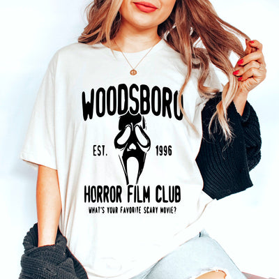 Halloween Shirt Woodsboro Horror Film Club Shirt Scary Movie T-Shirt Scream Ghostface Unisex Shirt Parodie Fun Satire