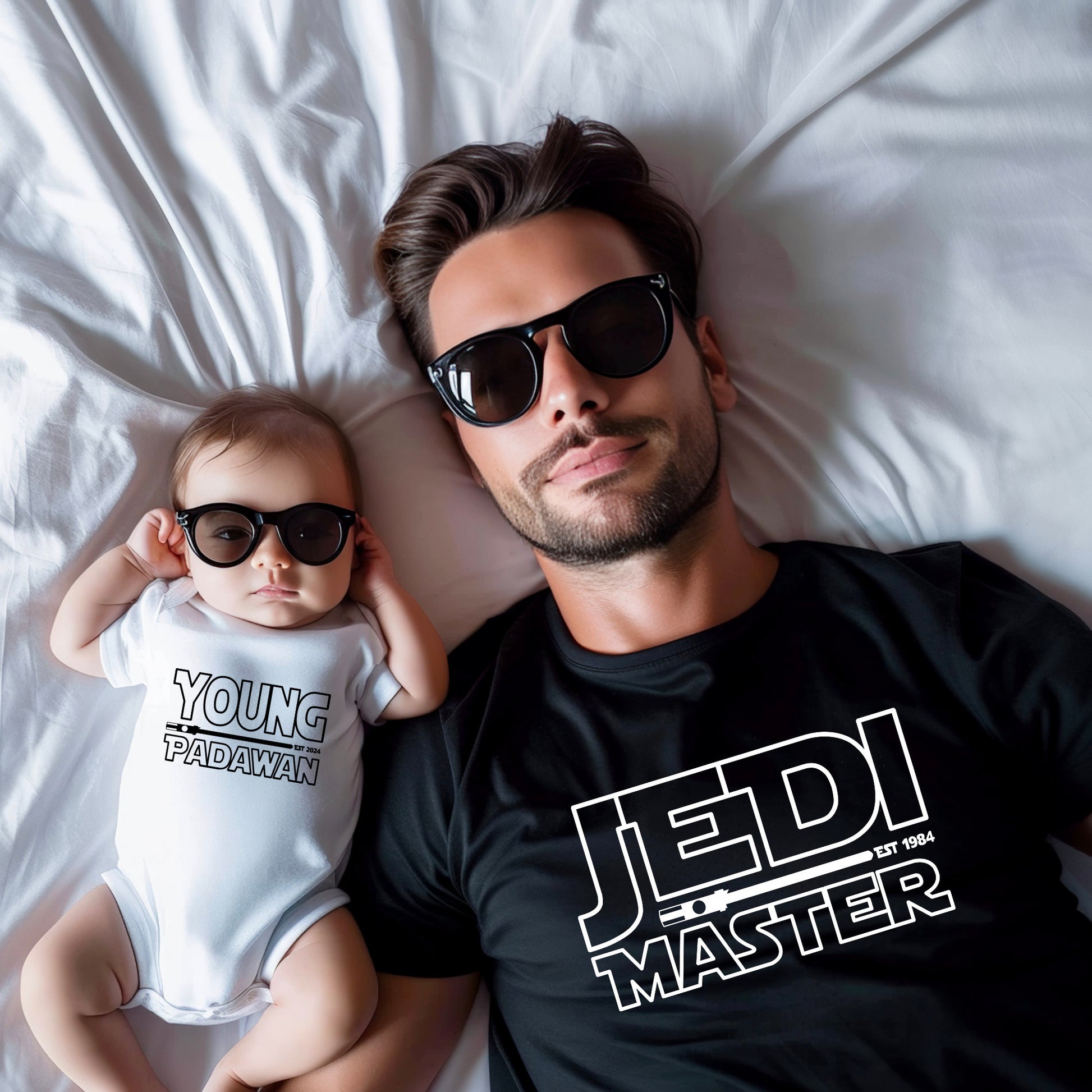 Vater Sohn Partnerlook Jedi Master Young Padawan Shirts Mutter Tochter Outfit Baby Geschenk Babybody bedruckt Vatertagsgeschenk Papa Shirt