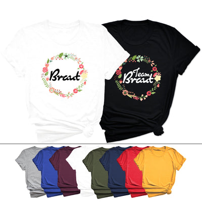 Braut Shirt Team Braut T-Shirt für JGA T-Shirts Junggesellinnenabschied Hochzeit und Party Shirts Blumenkranz Unisex Shirts