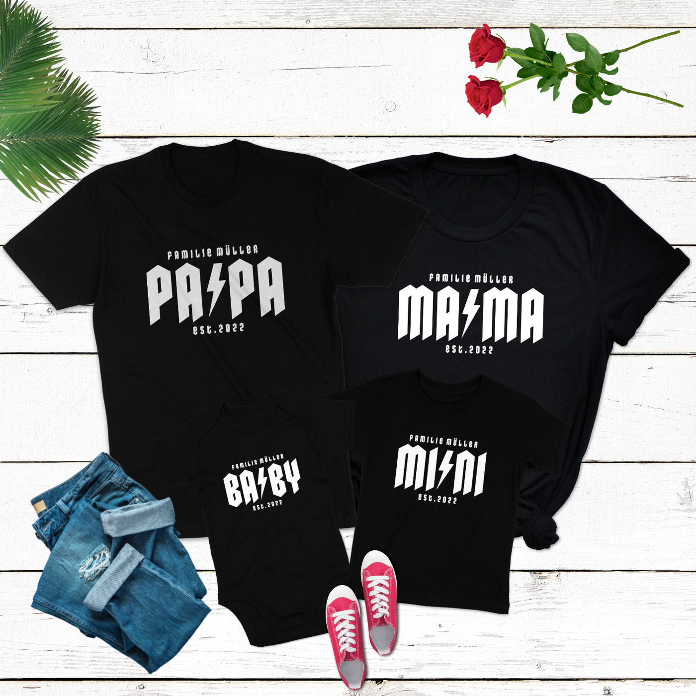 Familienoutfit personalisiert Familien Shirts Fotoshooting Mama, Papa, Mini, Baby Heavy Metal Shirts mit Wunschtext und Wunschdatum Custom