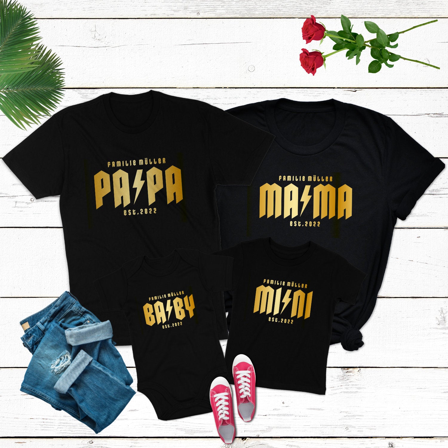 Familienoutfit personalisiert Familien Shirts Fotoshooting Mama, Papa, Mini, Baby Heavy Metal Shirts mit Wunschtext und Wunschdatum Custom