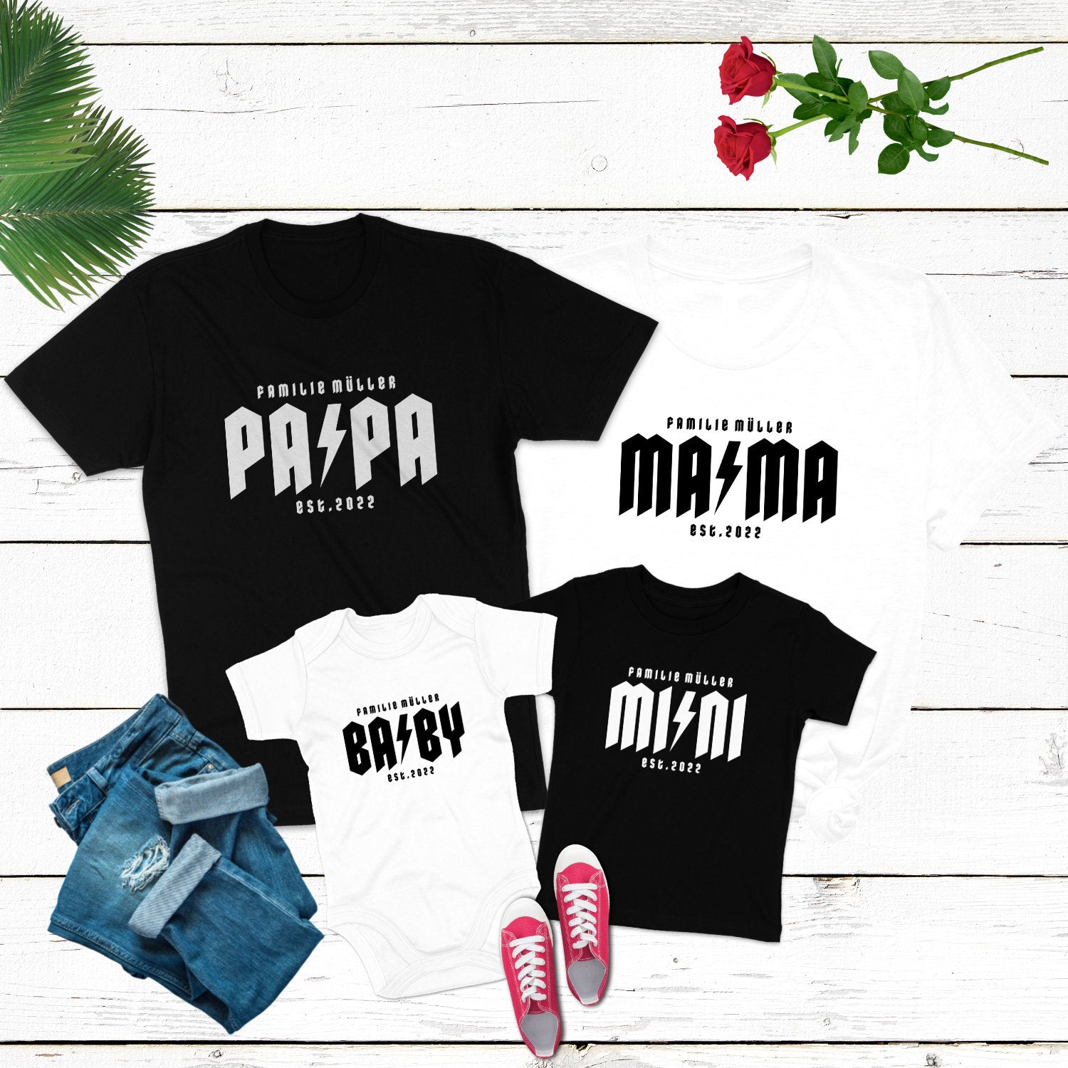 Familienoutfit personalisiert Familien Shirts Fotoshooting Mama, Papa, Mini, Baby Heavy Metal Shirts mit Wunschtext und Wunschdatum Custom
