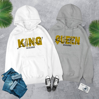 King Queen Hoodies mit Namen und Wunschdatum Pärchen Pullover für Paare Valentinstag Geschenk Pärchen Hoodies King & Queen