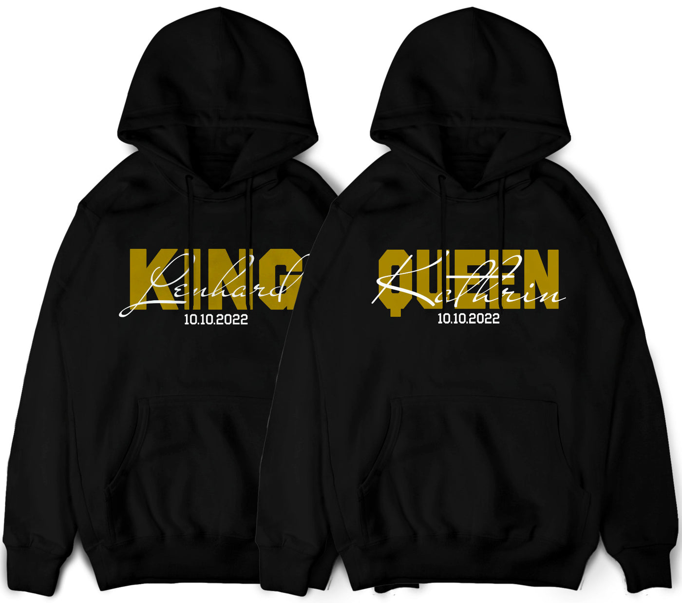 King Queen Hoodies mit Namen und Wunschdatum Pärchen Pullover für Paare Valentinstag Geschenk Pärchen Hoodies King & Queen