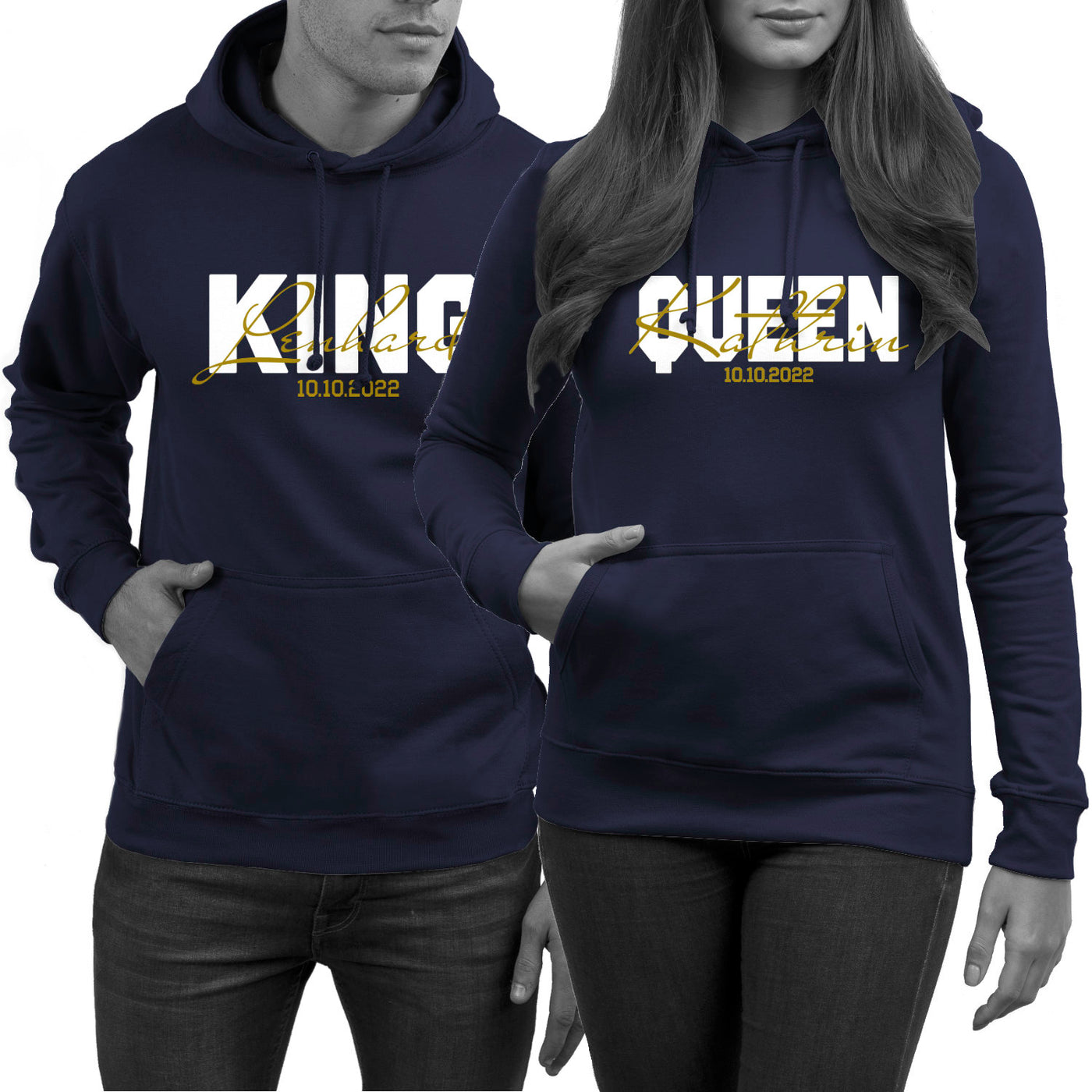 King Queen Hoodies mit Namen und Wunschdatum Pärchen Pullover für Paare Valentinstag Geschenk Pärchen Hoodies King & Queen