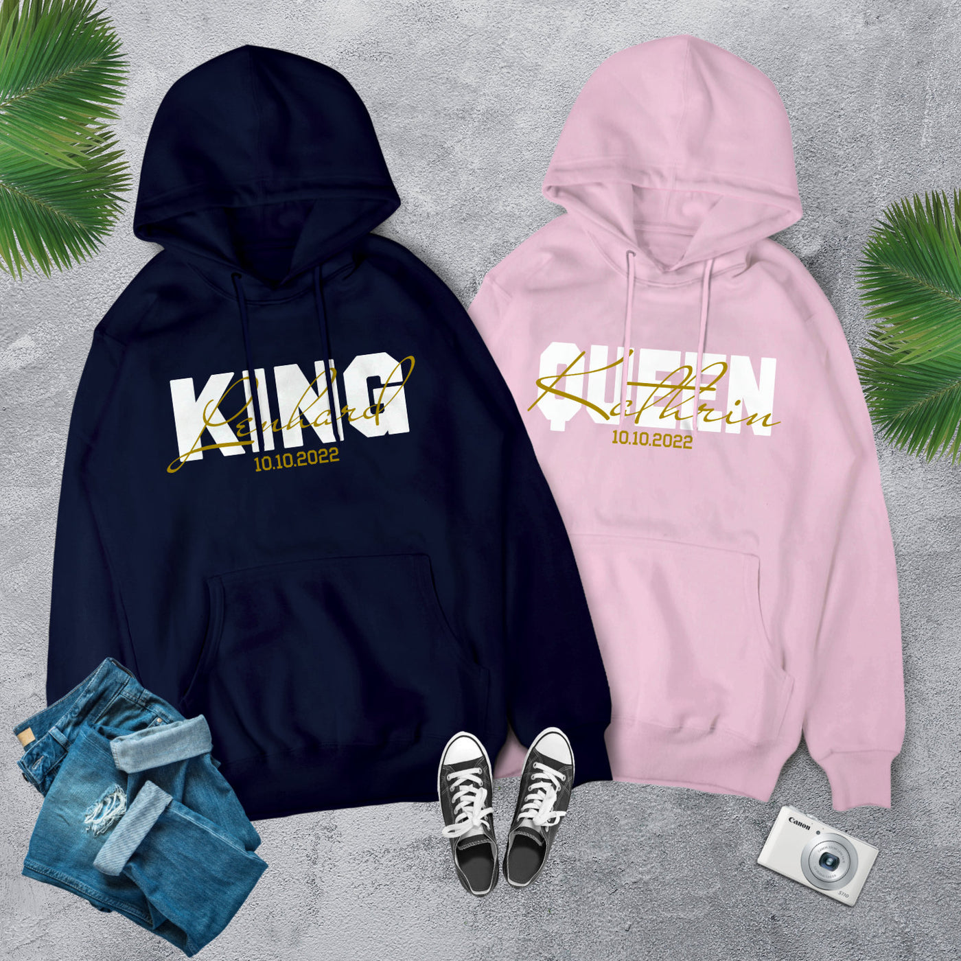 King Queen Hoodies mit Namen und Wunschdatum Pärchen Pullover für Paare Valentinstag Geschenk Pärchen Hoodies King & Queen