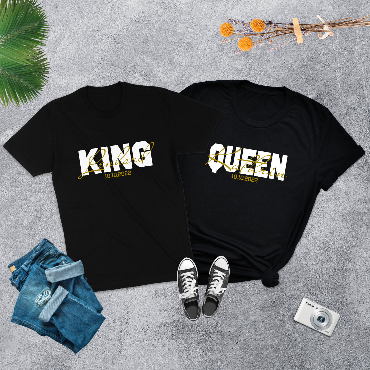 King Queen Shirts mit Namen und Wunschdatum Pärchen T-Shirts für Paare Valentinstag Geschenk Pärchen Shirts King & Queen