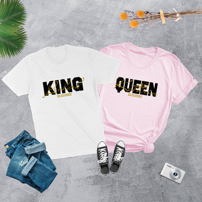 King Queen Shirts mit Namen und Wunschdatum Pärchen T-Shirts für Paare Valentinstag Geschenk Pärchen Shirts King & Queen