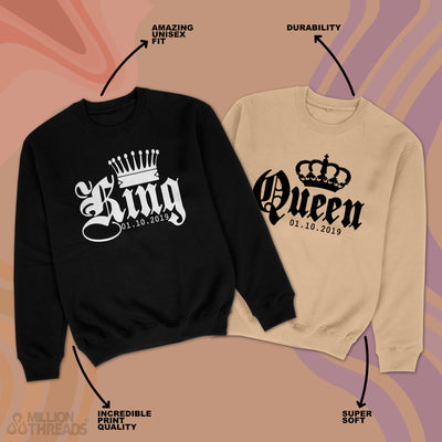KING QUEEN Sweatshirt mit Wunschdatum und Krone Pärchenpullis für Paare mit Wunschdruck Pärchen Sweater Geschenk für Paare