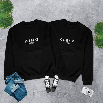 KING QUEEN Sweatshirts Pärchen Datum Minimal Pärchen Pullover personalisiert King & Queen Sweater minimalistisch Pärchenpullis Paar Pullover