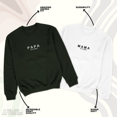 Papa Sweatshirt Mama Sweater mit Wunschdatum Papa Geschenk Mama Pullover mit Datum Mama Papa Sweatshirts Schwangerschaft Ankündigung Pullis
