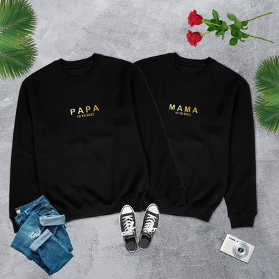 Papa Sweatshirt Mama Sweater mit Wunschdatum Papa Geschenk Mama Pullover mit Datum Mama Papa Sweatshirts Schwangerschaft Ankündigung Pullis