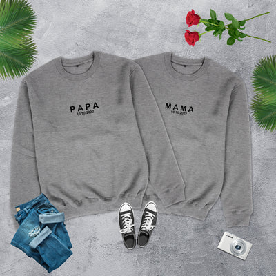 Papa Sweatshirt Mama Sweater mit Wunschdatum Papa Geschenk Mama Pullover mit Datum Mama Papa Sweatshirts Schwangerschaft Ankündigung Pullis