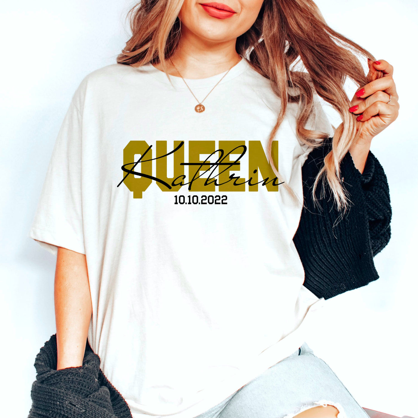 King Queen Shirts mit Namen und Wunschdatum Pärchen T-Shirts für Paare Valentinstag Geschenk Pärchen Shirts King & Queen