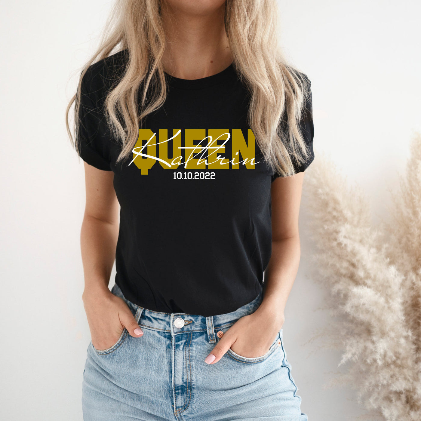King Queen Shirts mit Namen und Wunschdatum Pärchen T-Shirts für Paare Valentinstag Geschenk Pärchen Shirts King & Queen
